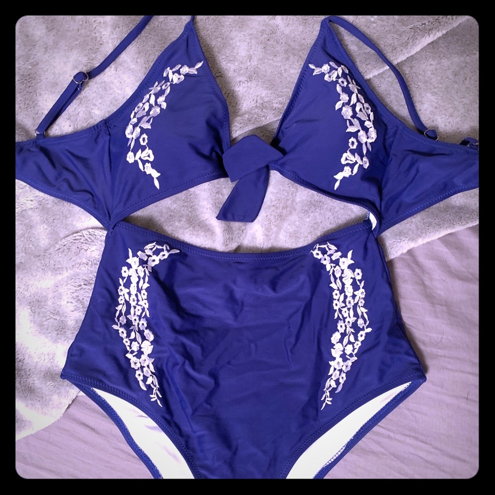 Royal blue, high waisted, embroidered swim suit